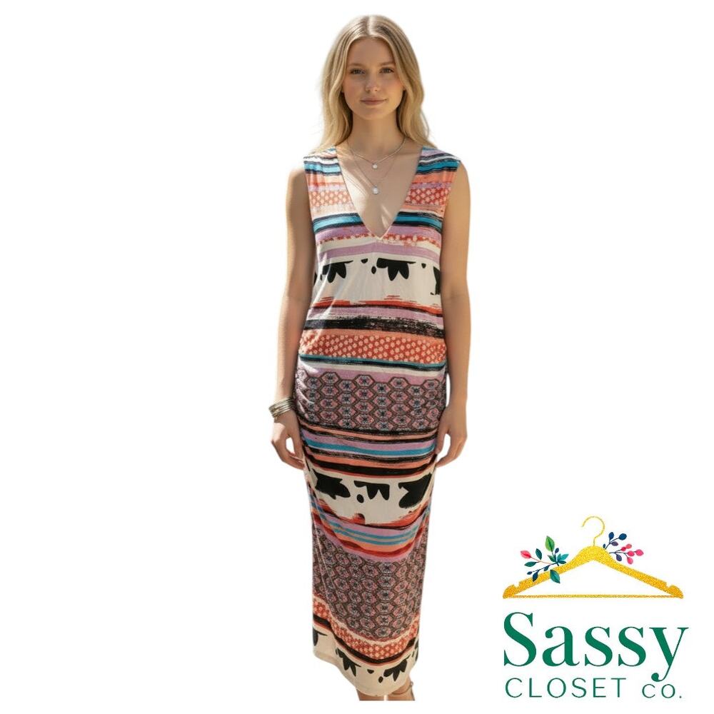 Weston Wear Multicolor Sleeveless Ruched Midi Dress V‑Neck Lined Women’s M